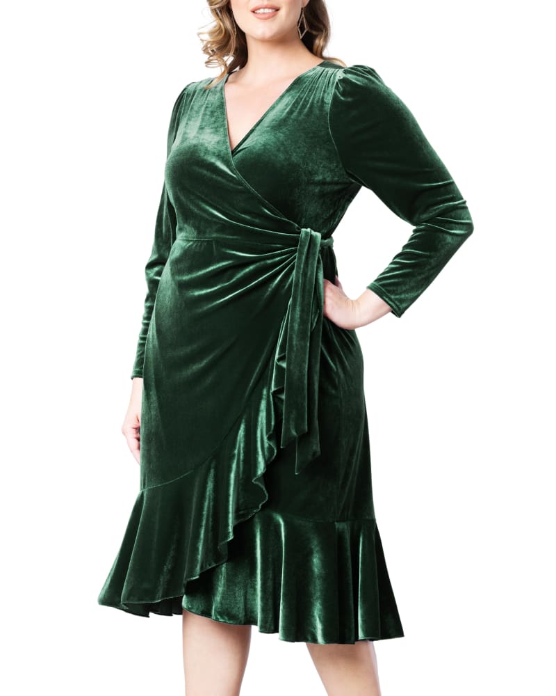 Front of a model wearing a size 5X Viola Velvet Long Sleeve Wrap Dress in EMERALD GREEN by Kiyonna. | dia_product_style_image_id:312450